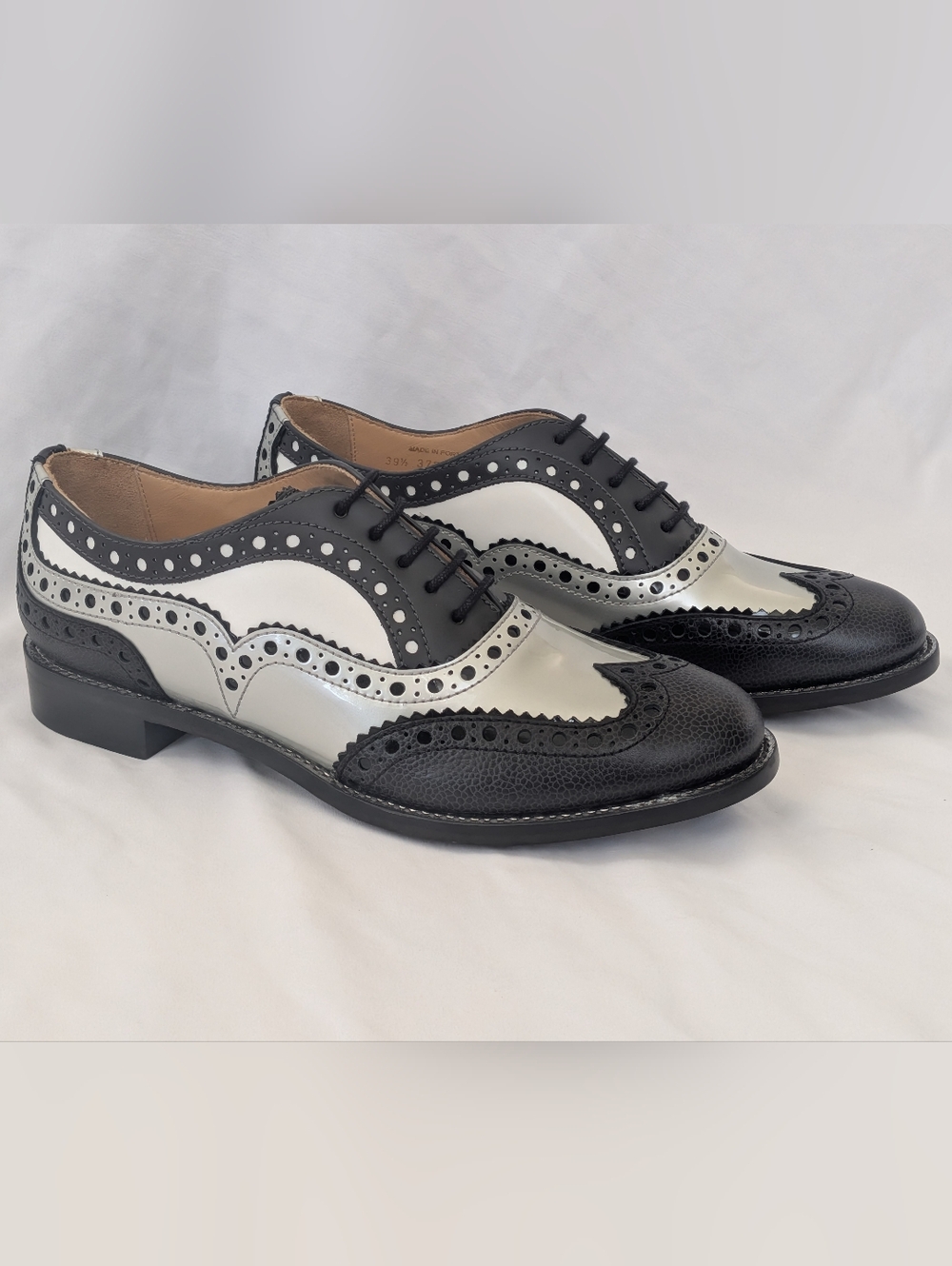 The Office of Angela Scott Mr Doubt Black White Silver Leather Oxfords Size 39.5